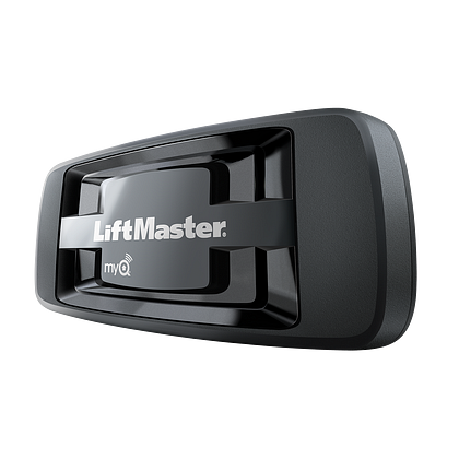 A black liftmaster garage door opener on a white background.