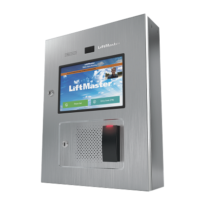 A stainless steel box with a screen and a fingerprint reader.