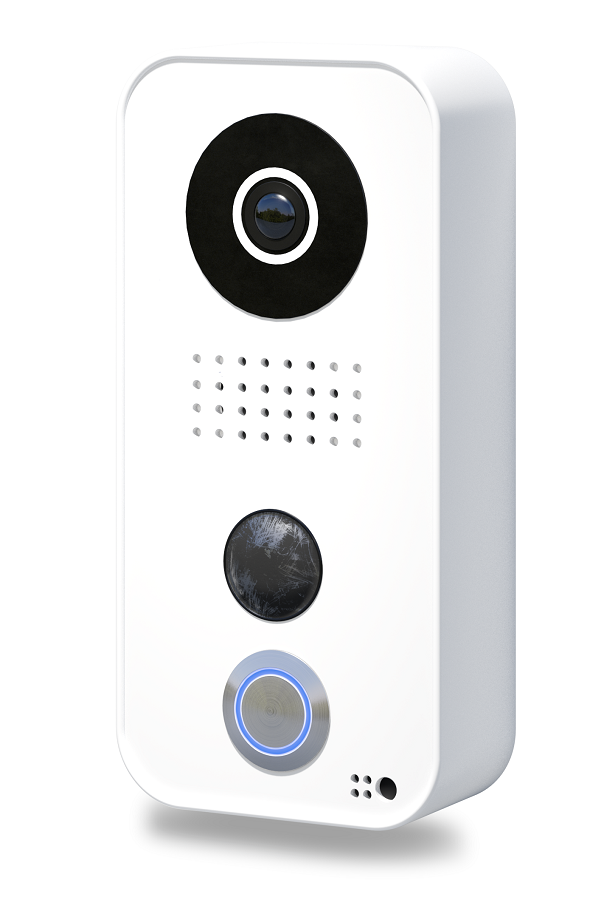 A white doorbell with a camera and two buttons on a white background.