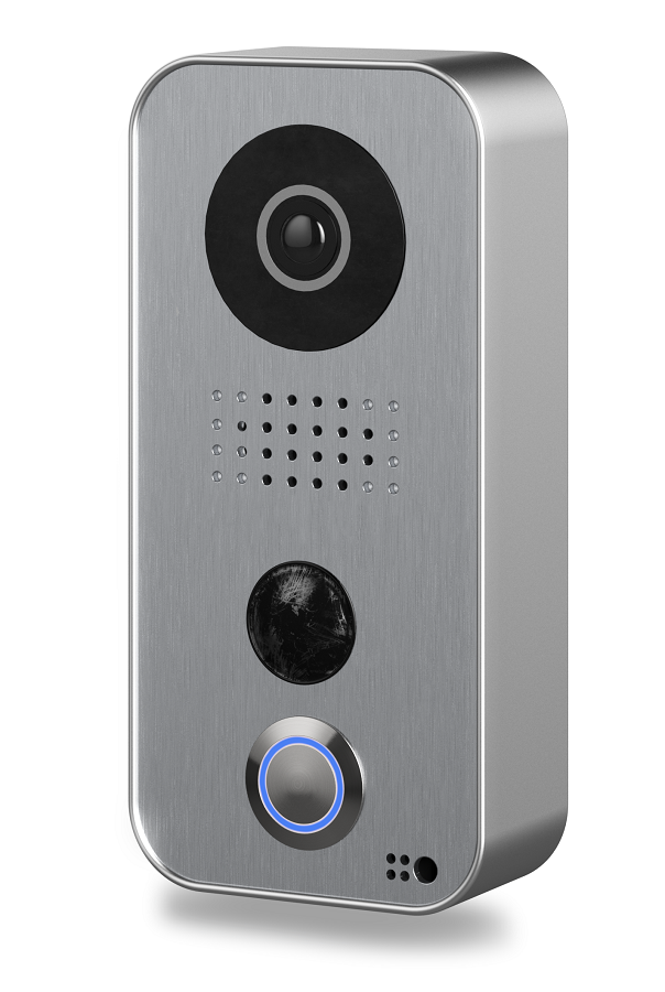 A stainless steel doorbell with a camera and two buttons on a white background.