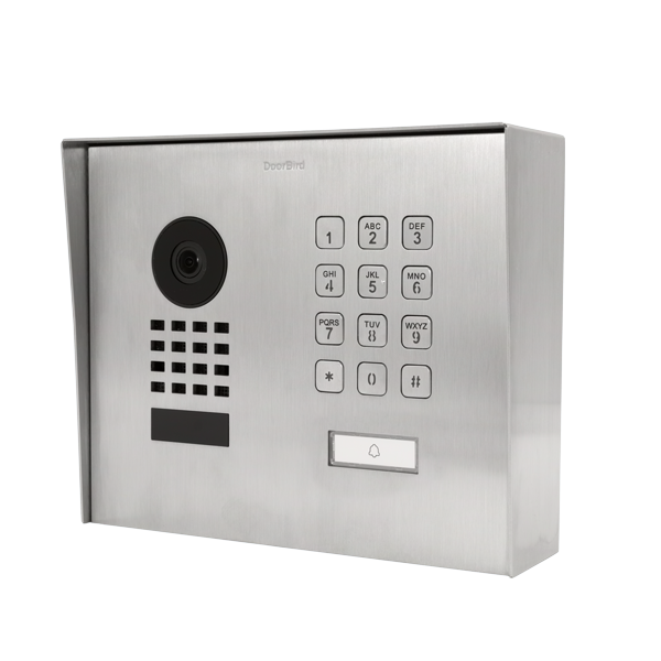 A stainless steel box with a keypad and a camera on it.