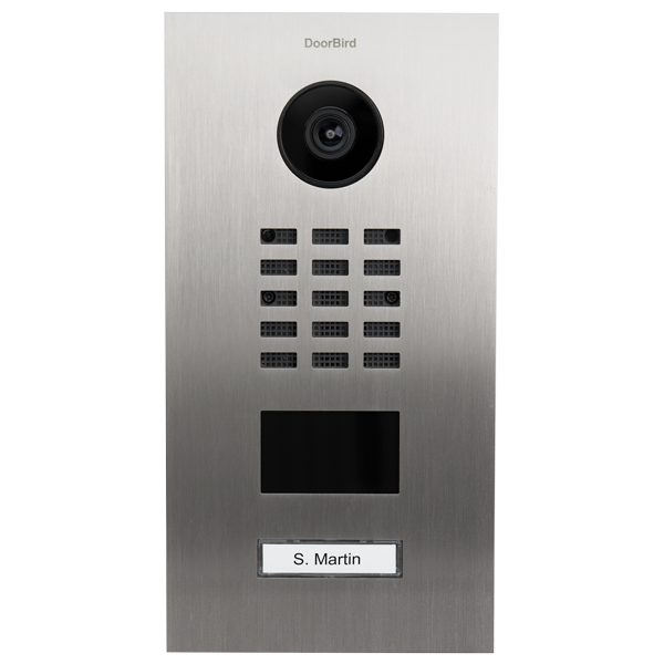 A stainless steel doorbell with a camera and a name tag.