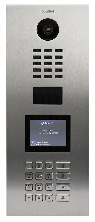 A stainless steel doorbell with a screen and buttons.