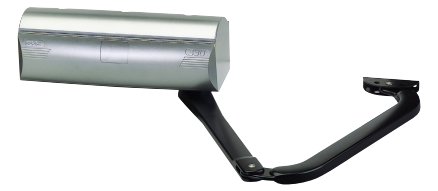 A close up of a door opener on a white background.