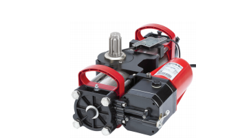 A red and black machine with a red handle on a white background.