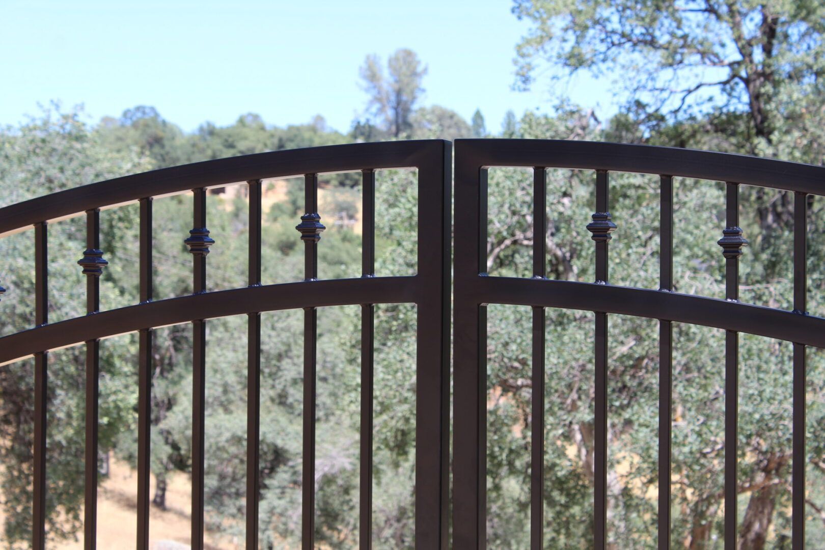 A wrought iron gate with trees in the background