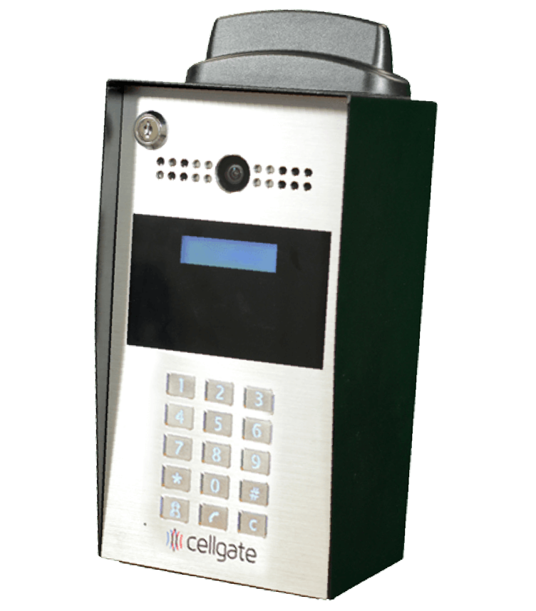 A cellgate door phone with a keypad on a white background