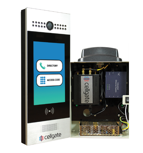 A cellphone is sitting next to a cellgate box.