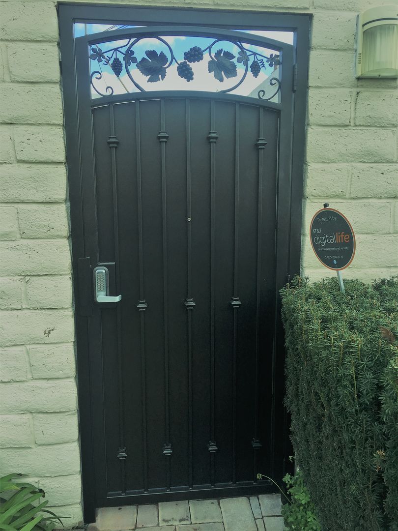 A black door is sitting on a brick wall next to a bush.