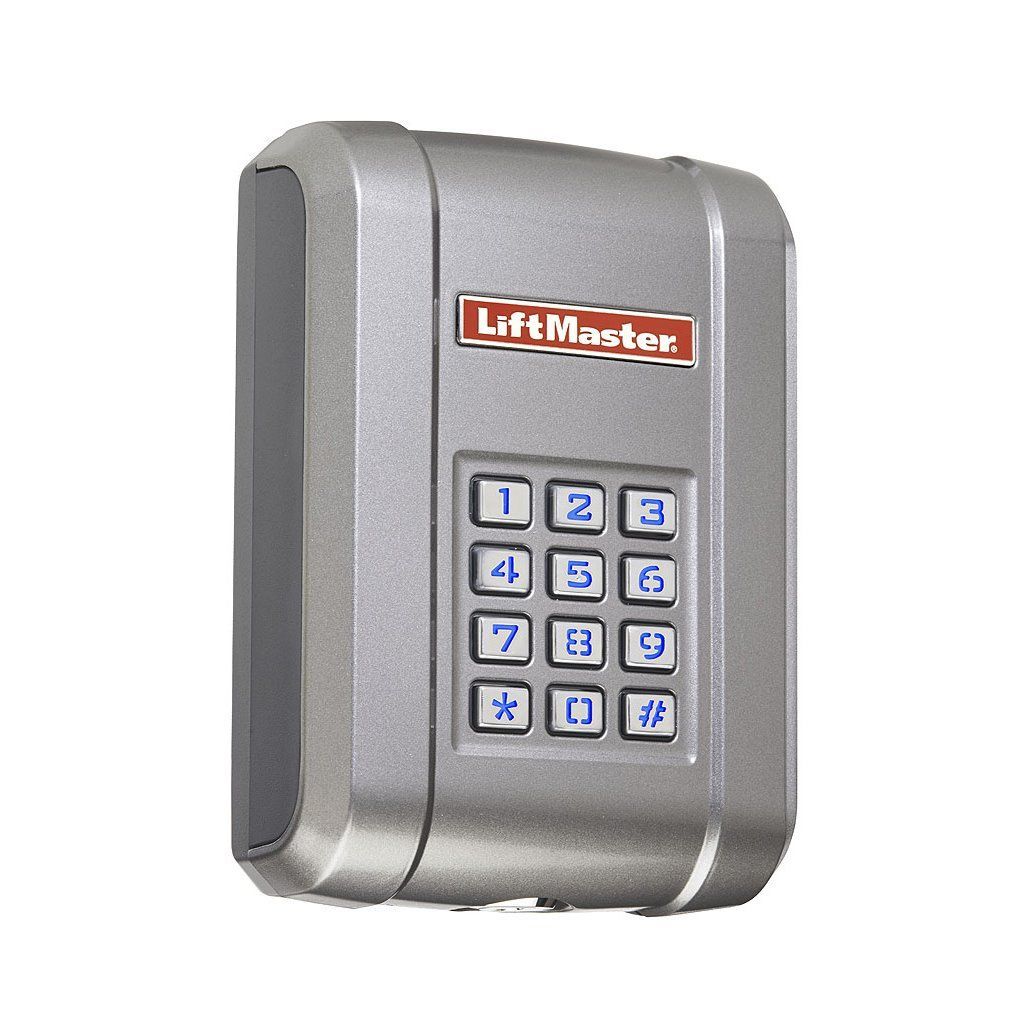 A silver lift master keypad on a white background