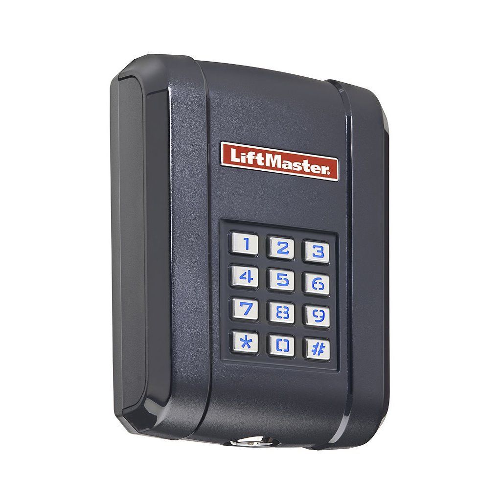 A black lift master keypad on a white background