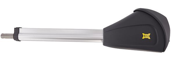 A close up of a black and silver object on a white background.