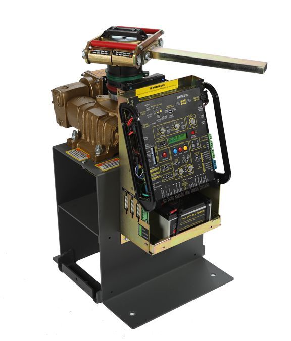 A machine is sitting on top of a stand on a white background.