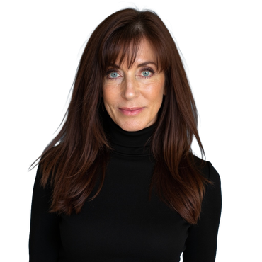 Woman with long brown hair, wearing a black turtleneck, looking at the camera.