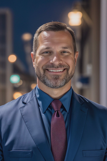 Man in blue suit smiles, urban setting at dusk with blurred lights.