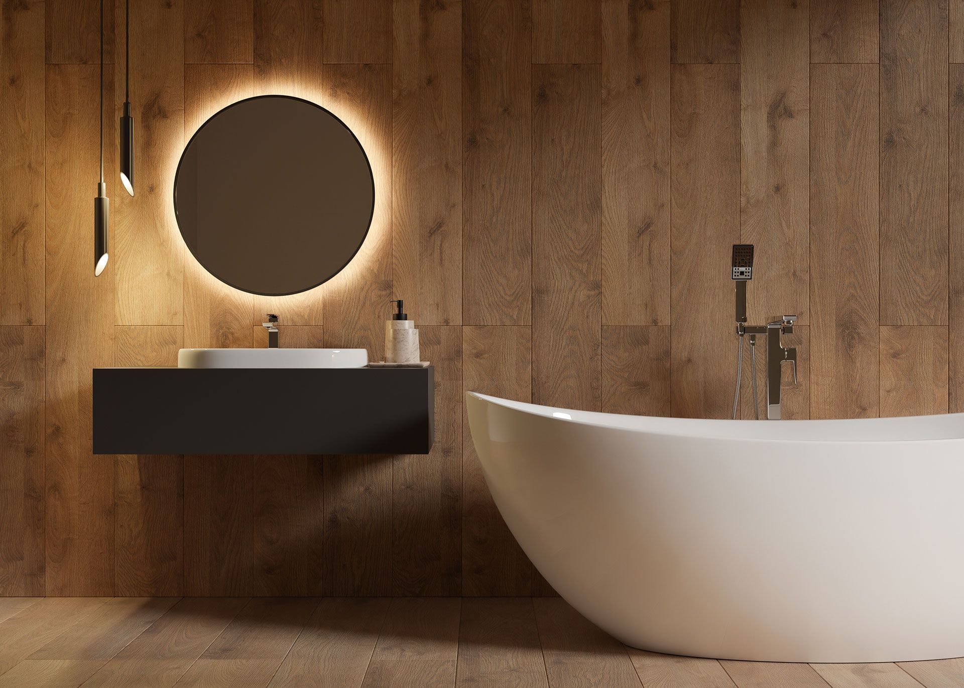 A bathroom with a bathtub , sink and mirror.