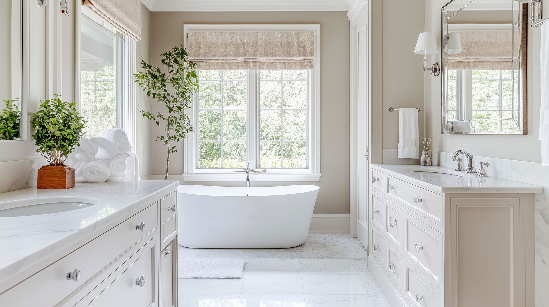 A bathroom with a tub , sink , mirror and window.