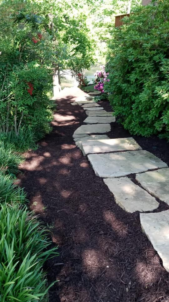 Stone path through a garden, lined with bushes and mulch.