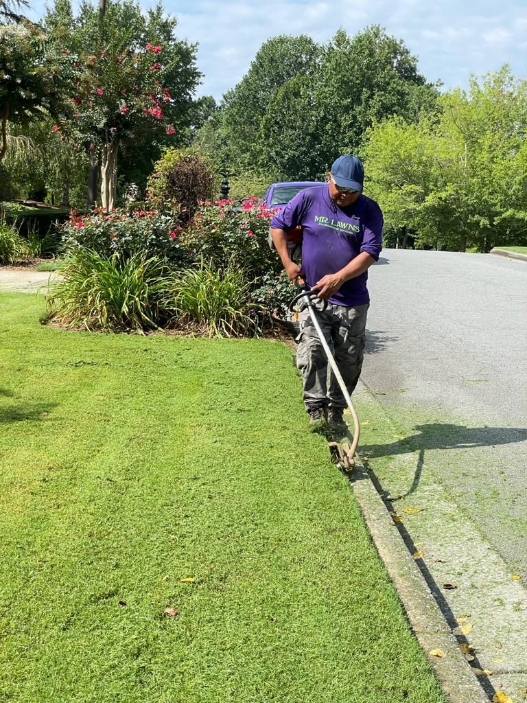 Person using a string trimmer to edge a lawn next to a driveway.