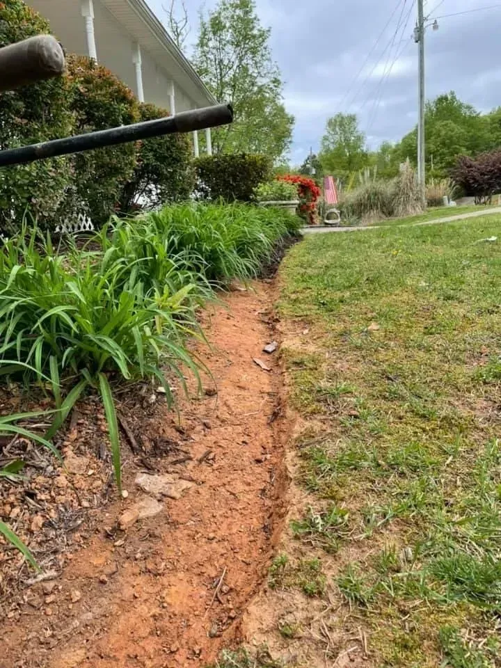 A narrow trench dug in reddish-brown earth, beside a grassy lawn and a row of green plants.