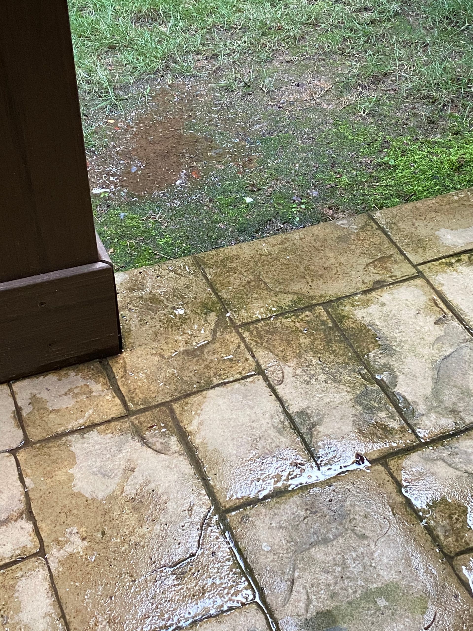Wet stone patio next to grassy yard. Brown wooden support on the left. Water puddles in both areas.
