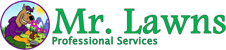 Logo: Cartoon dog wearing purple shirt tending flowers; 