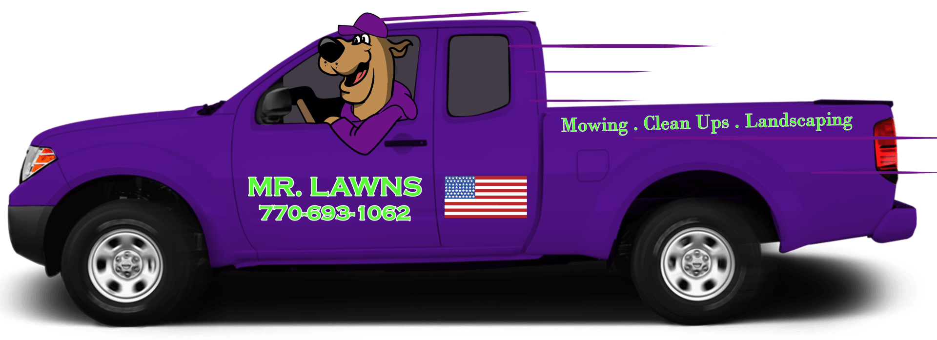 A purple pickup truck with a cartoon dog driving, advertising lawn care services.
