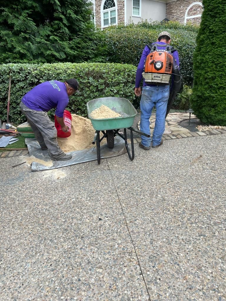 Two workers spread material on a driveway. One uses a wheelbarrow, the other a leaf blower.