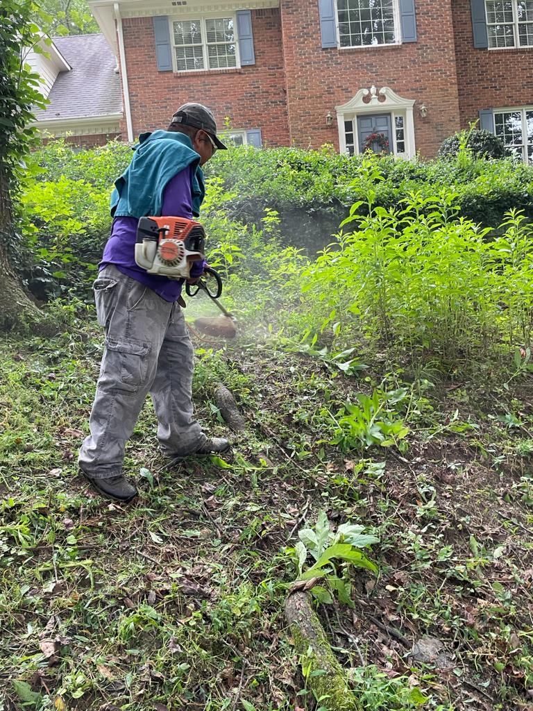 Person using a chainsaw to clear brush in front of a brick house.