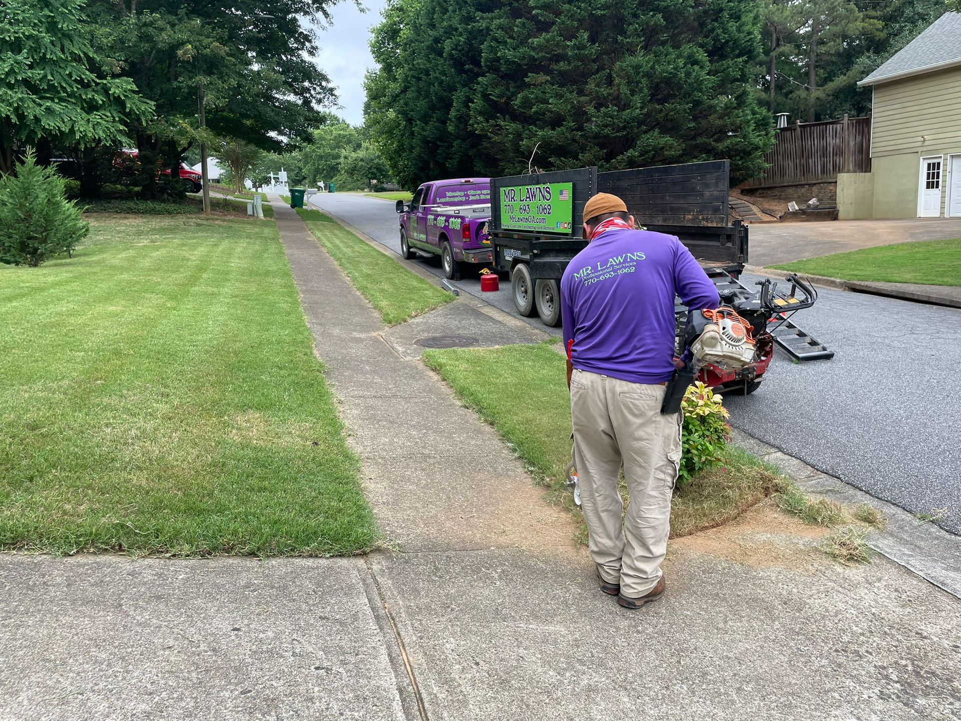 Man in purple shirt trimming flowers on sidewalk next to grass and street; truck and trailer in background.
