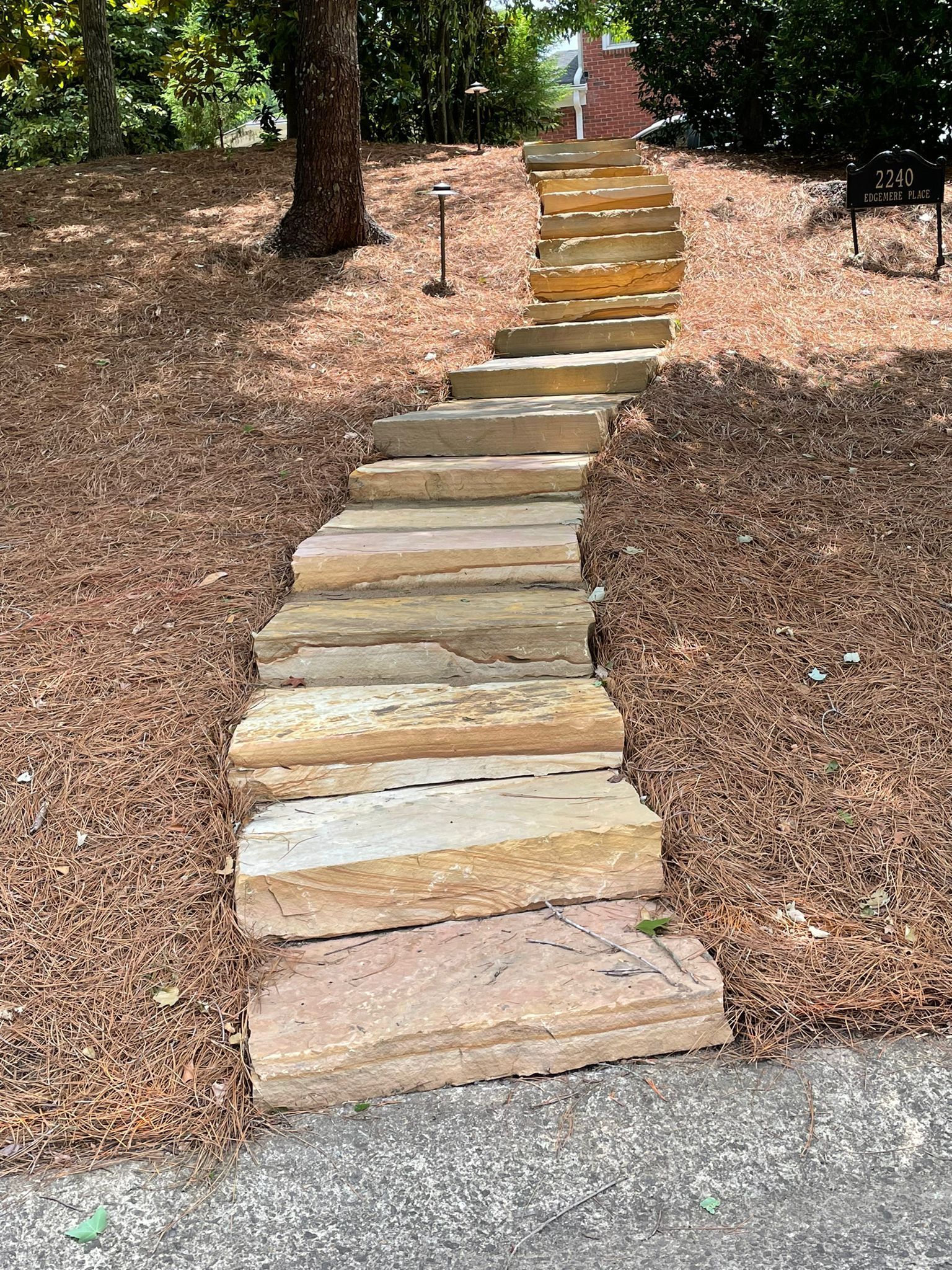 Stone steps ascend a mulch-covered hillside, leading towards a tree and a structure.