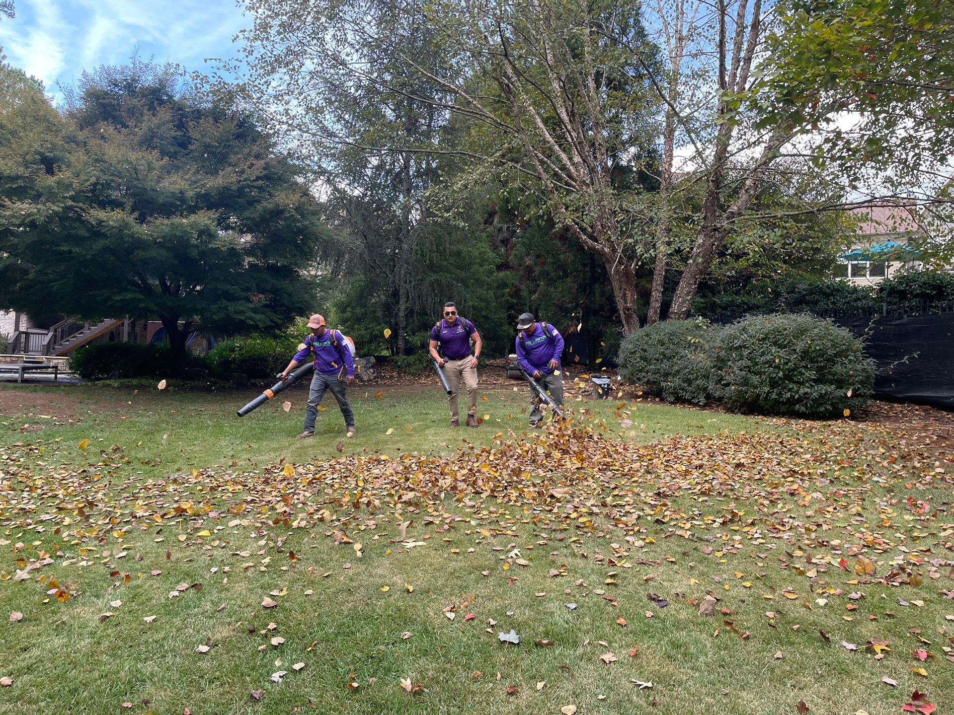 Three people blowing leaves with leaf blowers on a lawn.