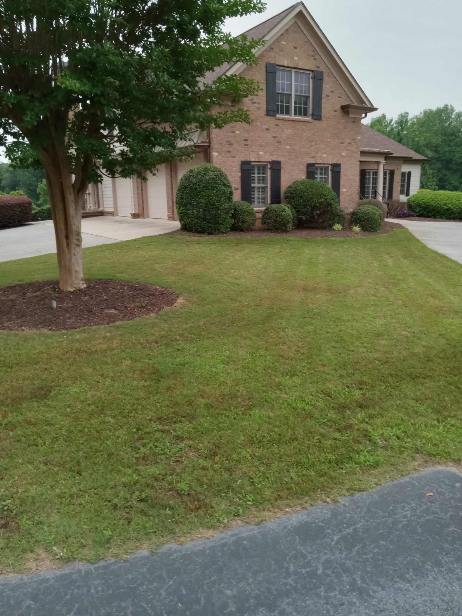 Brick house with manicured lawn and landscaping, cloudy sky.