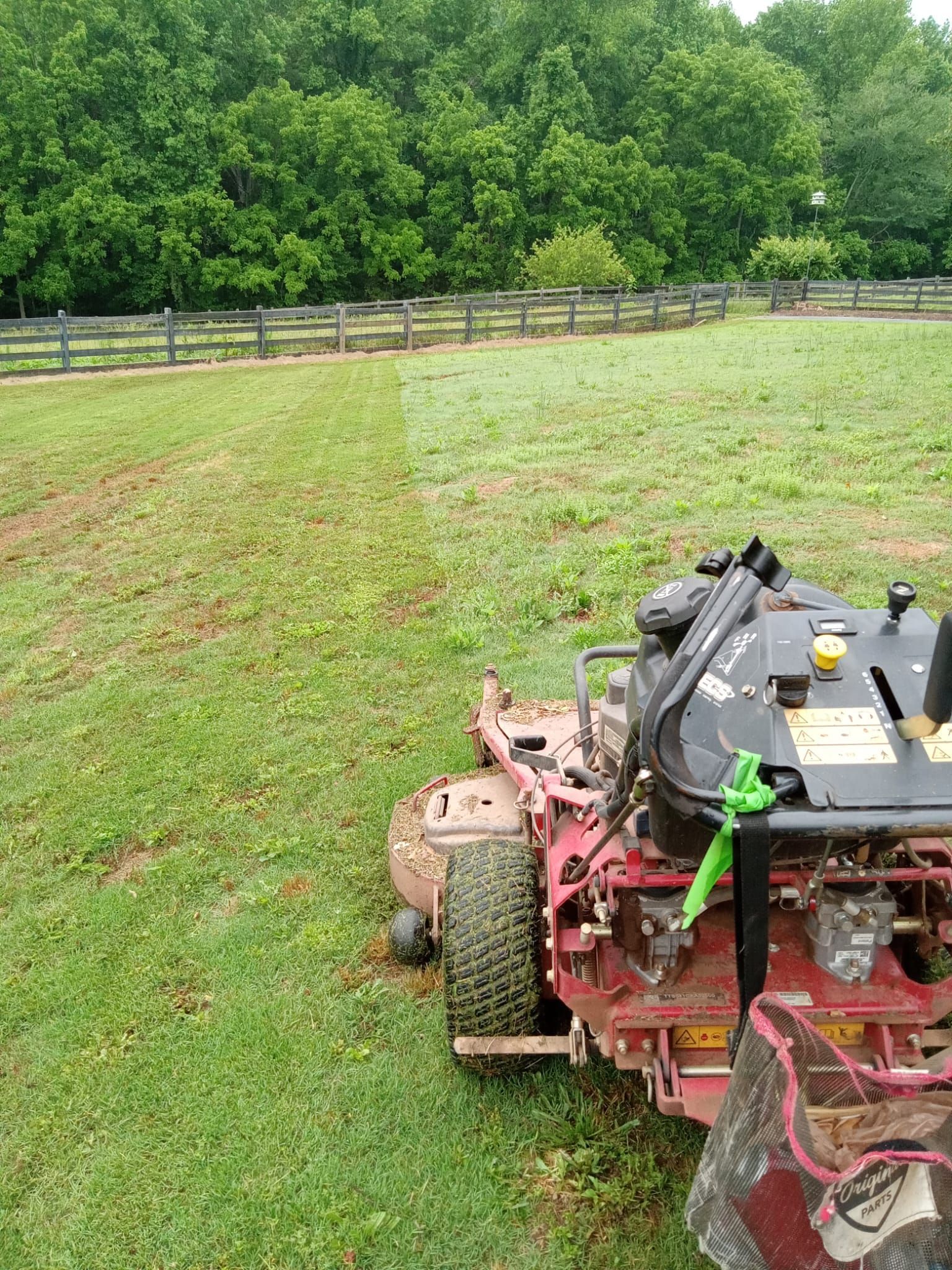 Red lawnmower cutting grass in a field, with a fence and trees in the background.