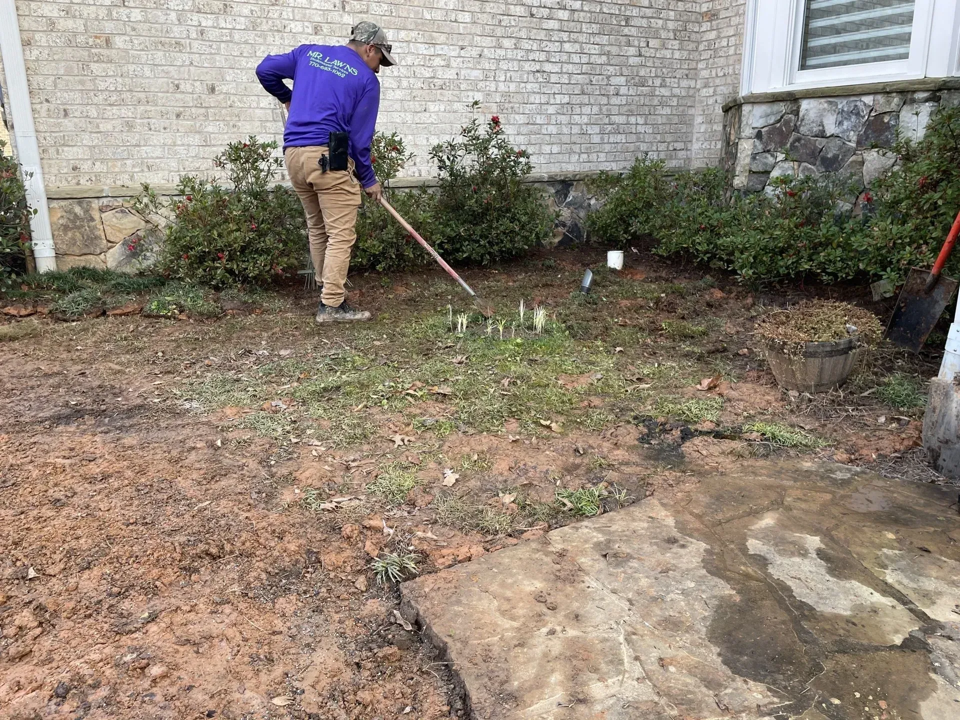 Man rakes leaves in front of a white brick building. Green shrubs border the building.