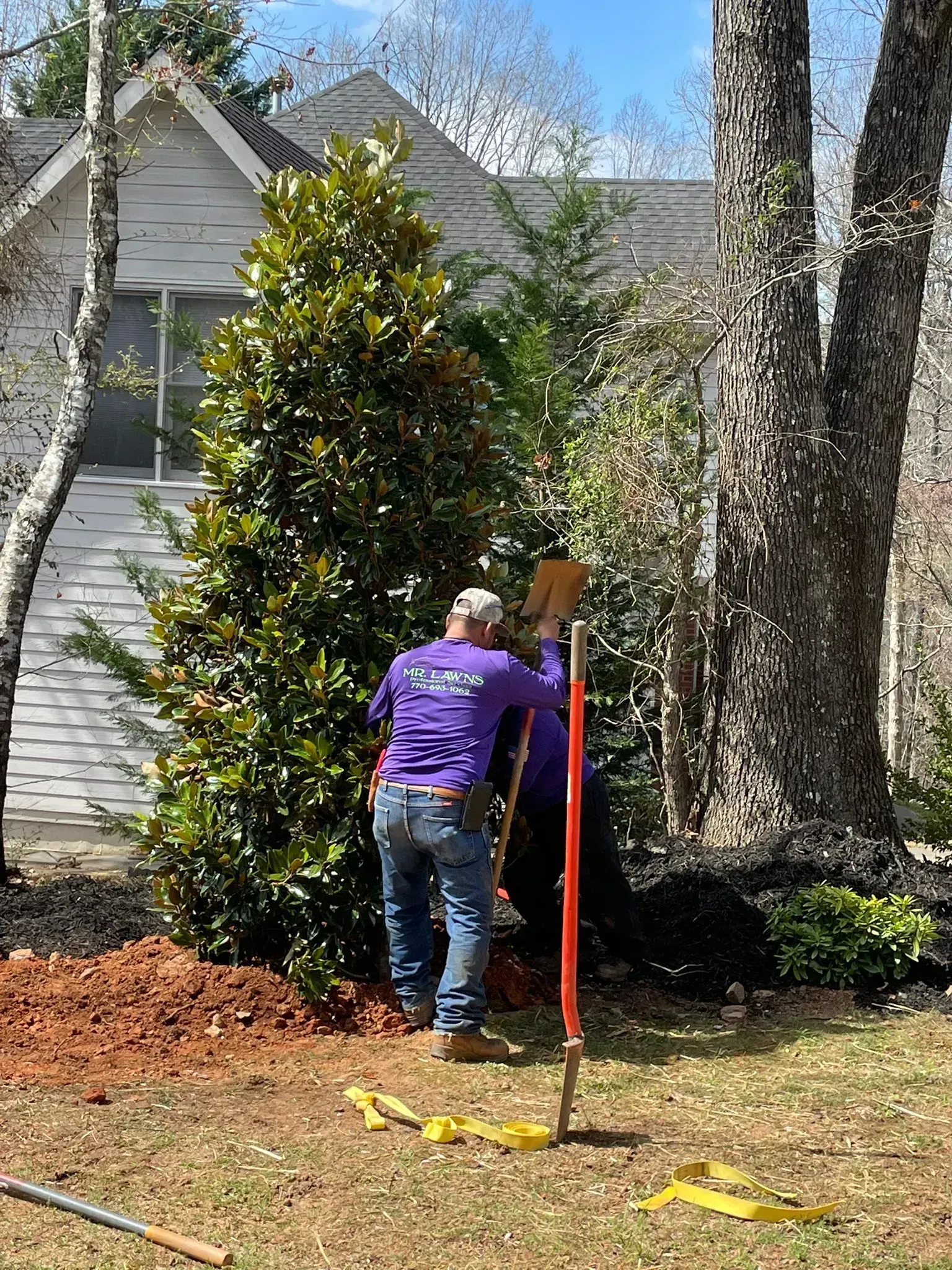 Two workers in purple shirts digging near trees and a house.