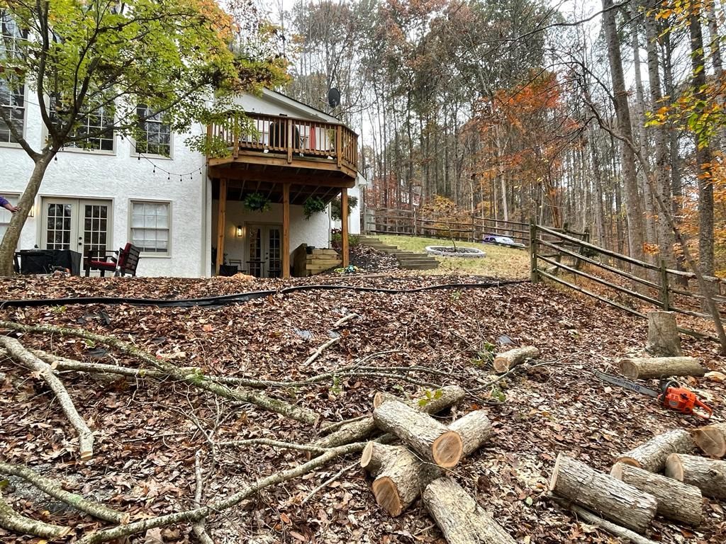 Backyard with cut logs and debris, house with deck in background, fall foliage.