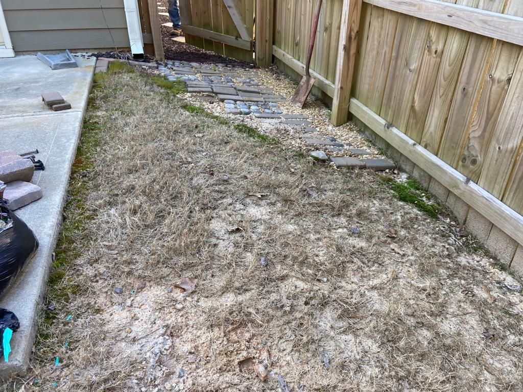 Backyard with dead grass, a stone path, and a wooden fence.