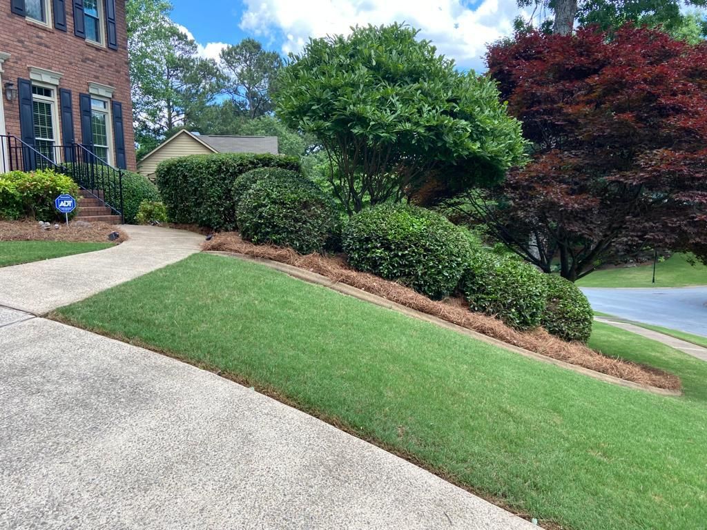 Green lawn slopes upward to a house with brick facade and landscaped shrubs.