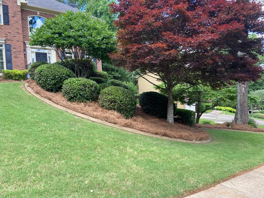 A well-manicured lawn with a landscaped area featuring trees and shrubs in front of a brick house.