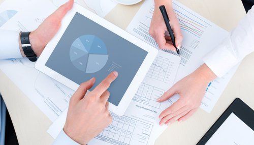 Professional checking the pie graph on the tablet
