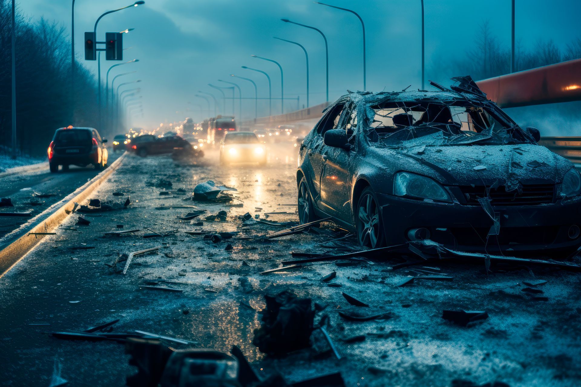 Road covered in debris, wrecked car, traffic in the distance. Snowy, overcast day.