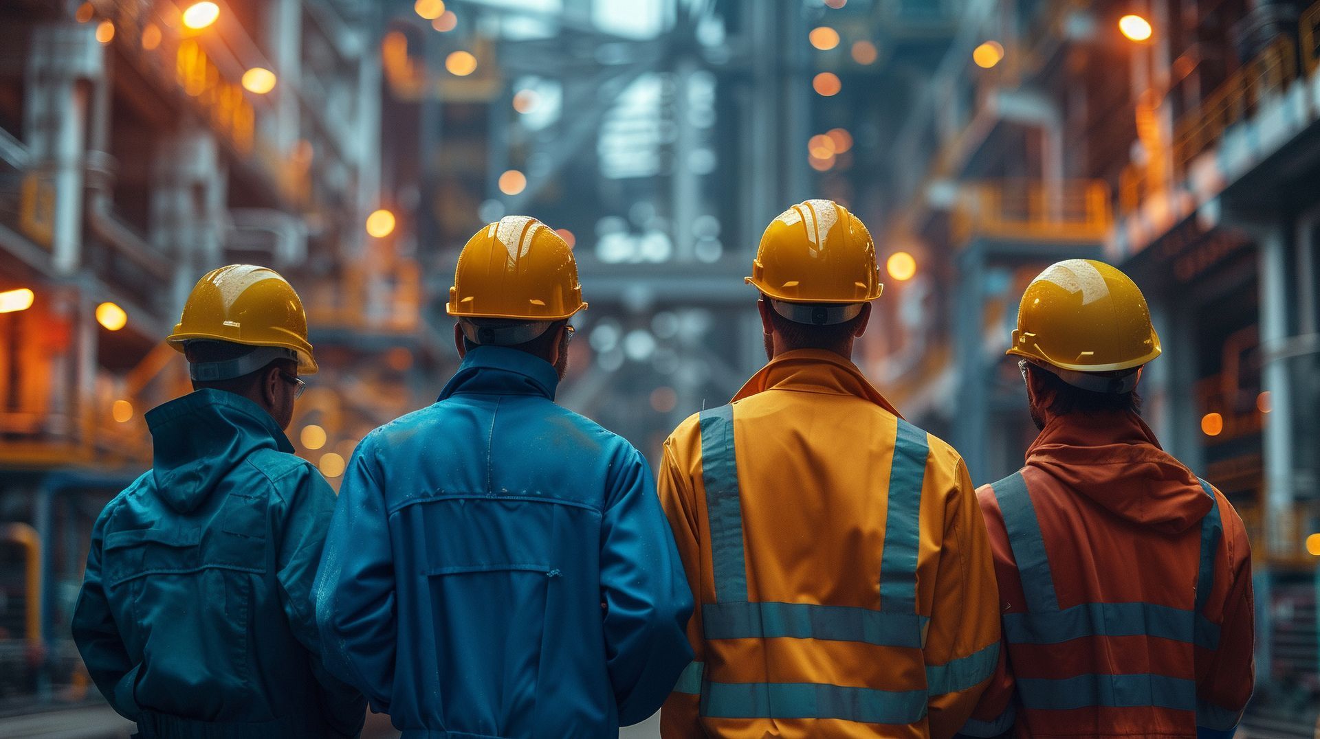 Four construction workers in hard hats and vests look toward industrial machinery.