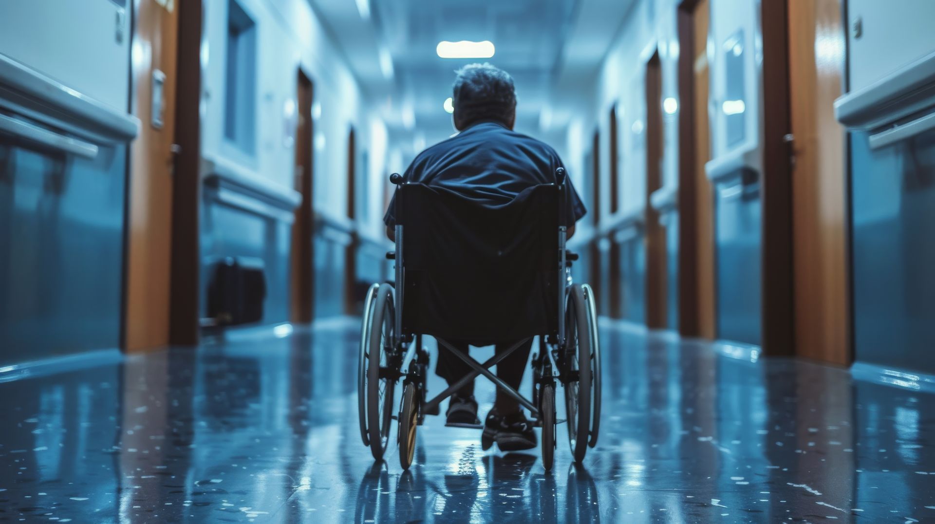 Person in a wheelchair in a long, blue-lit hallway, facing away from the camera.
