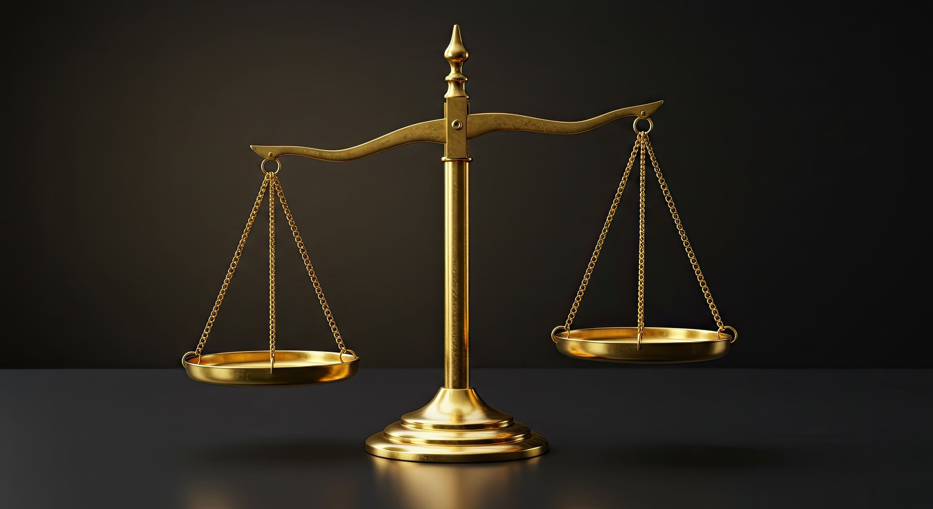 A gold scale of justice is sitting on a black table.