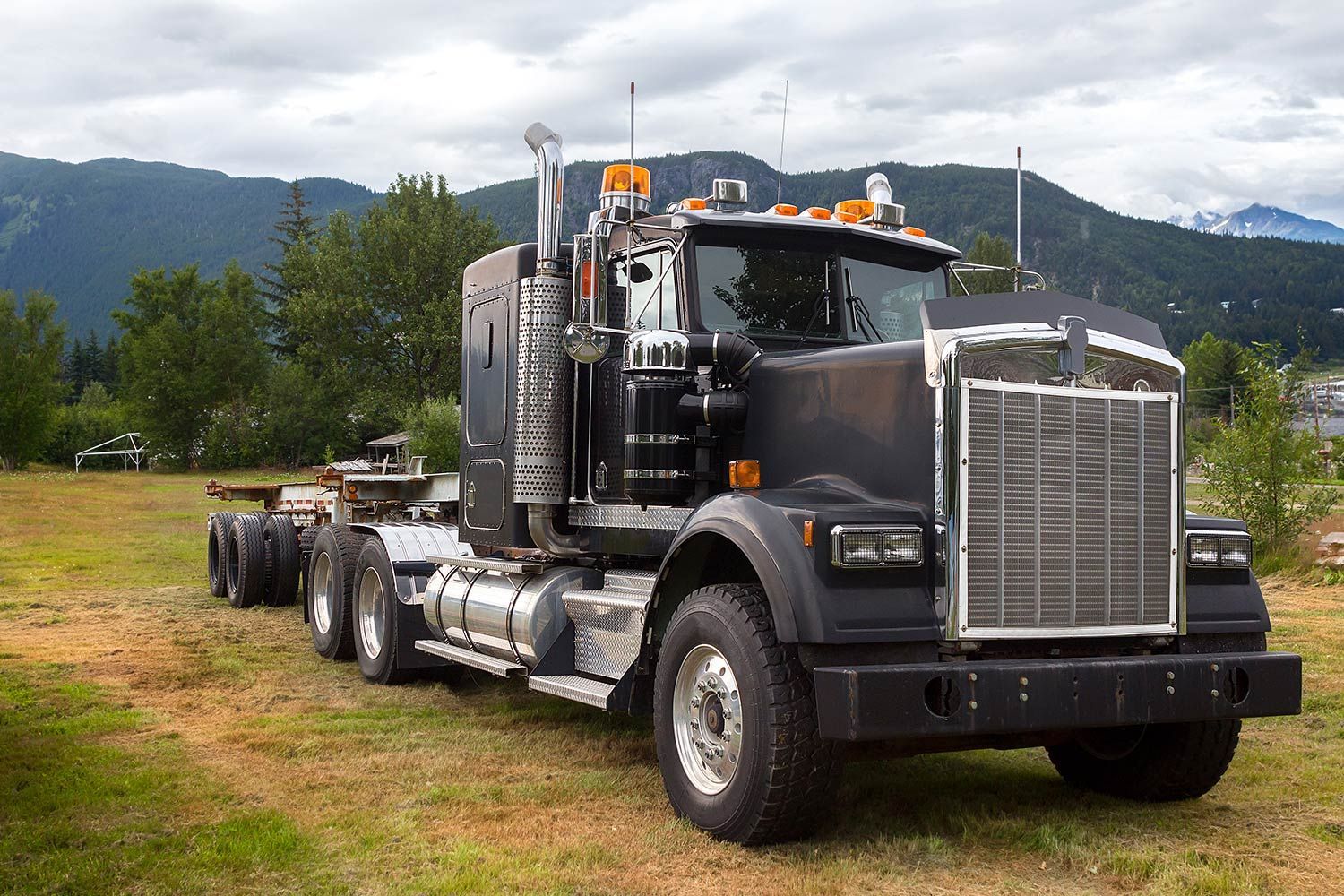 Black semi-truck parked in a grassy field Black semi-truck parked in a grassy field