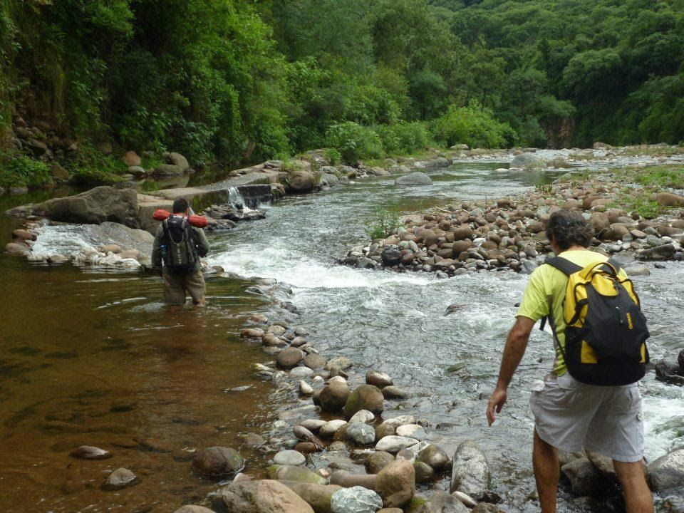 Dos excursionistas cruzando un río poco profundo y rocoso en una zona verde y boscosa.