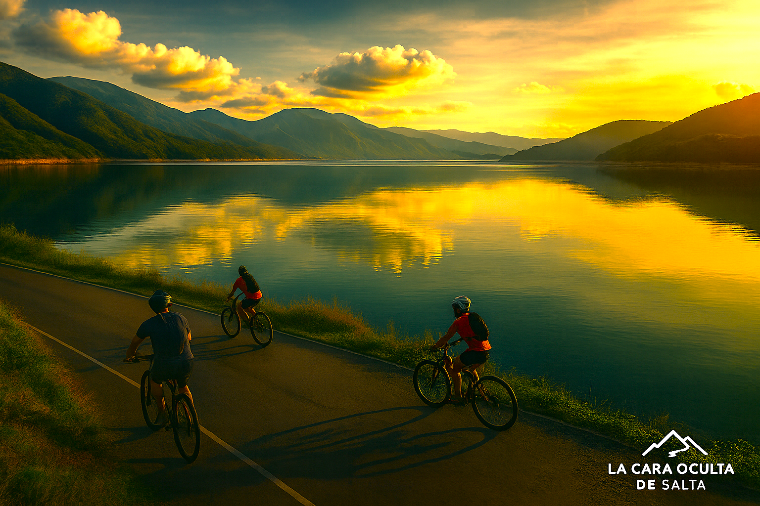 Ciclistas recorren una carretera junto a un lago que refleja una puesta de sol dorada, con montañas al fondo.