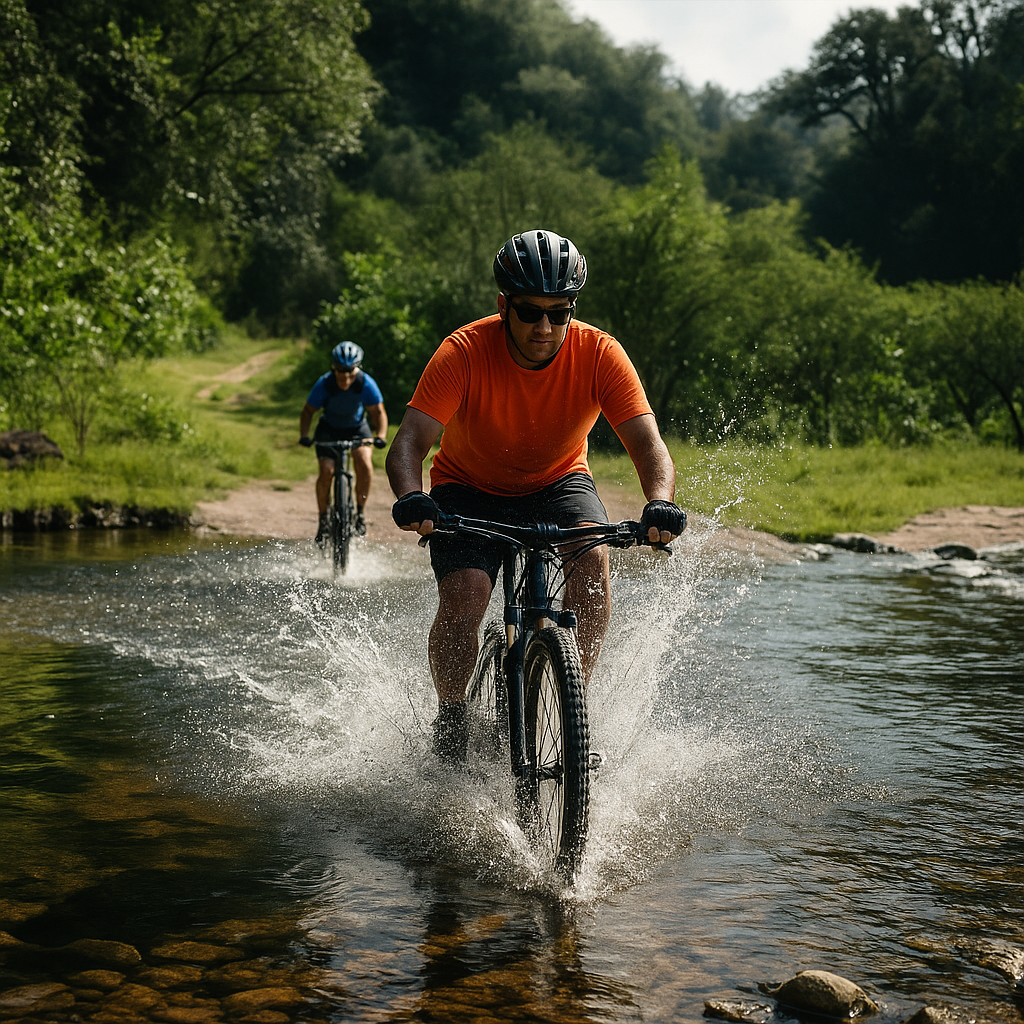 Dos ciclistas atraviesan un arroyo poco profundo por un sendero de tierra, salpicando agua.