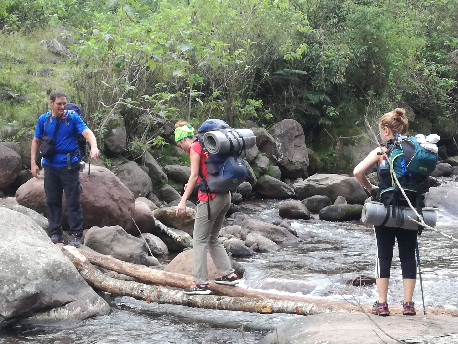 Excursionistas cruzando un arroyo sobre troncos, rodeados de rocas y vegetación.